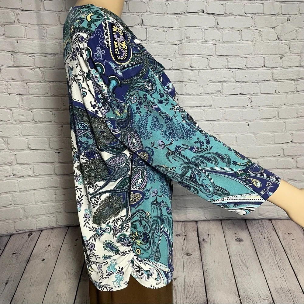 Chico's Cowl Neck 3/4 Sleeve Paisley Top Size 2 US L